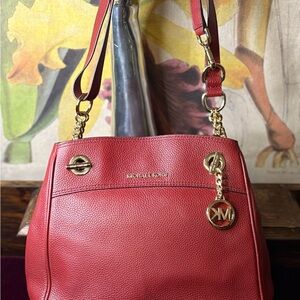 Michael Kors Cherry Red Shoulder Bag with Gold Accents